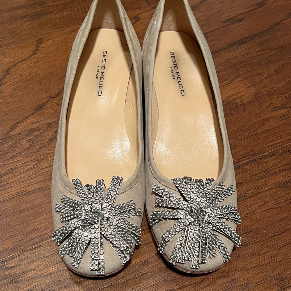 Sesto Meucci Crystal-Embellished Tan Flats